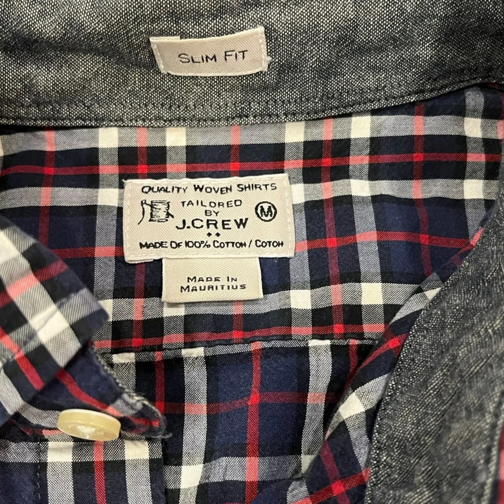 J Crew Button‎ Down Shirt Navy Blue Red Plaid Slim Fit Mens Size Large